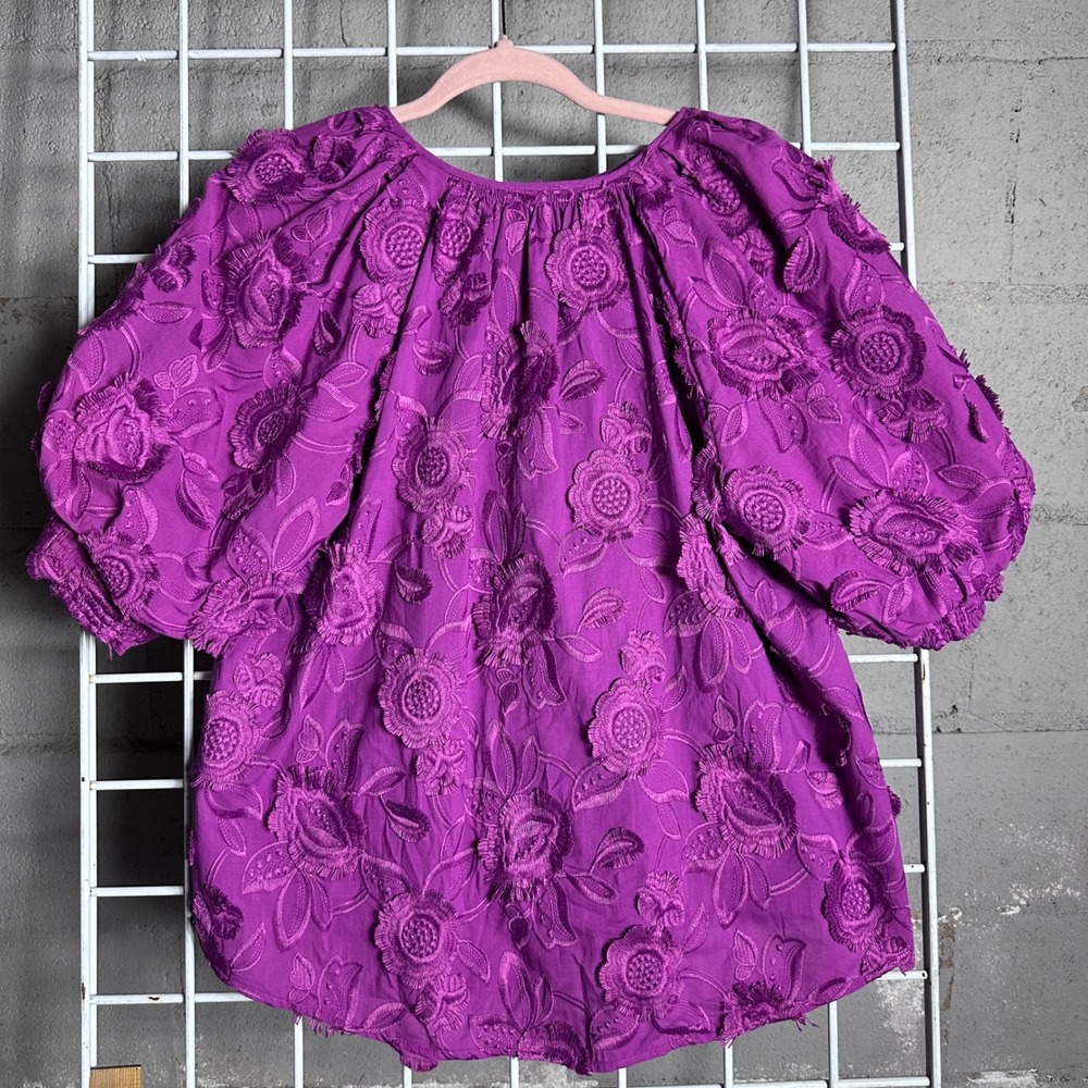 CHICO Magenta Floral Embroidered Puff Sleeve Button Front Blouse Boho Pink Top‎ - Picture 7 of 9